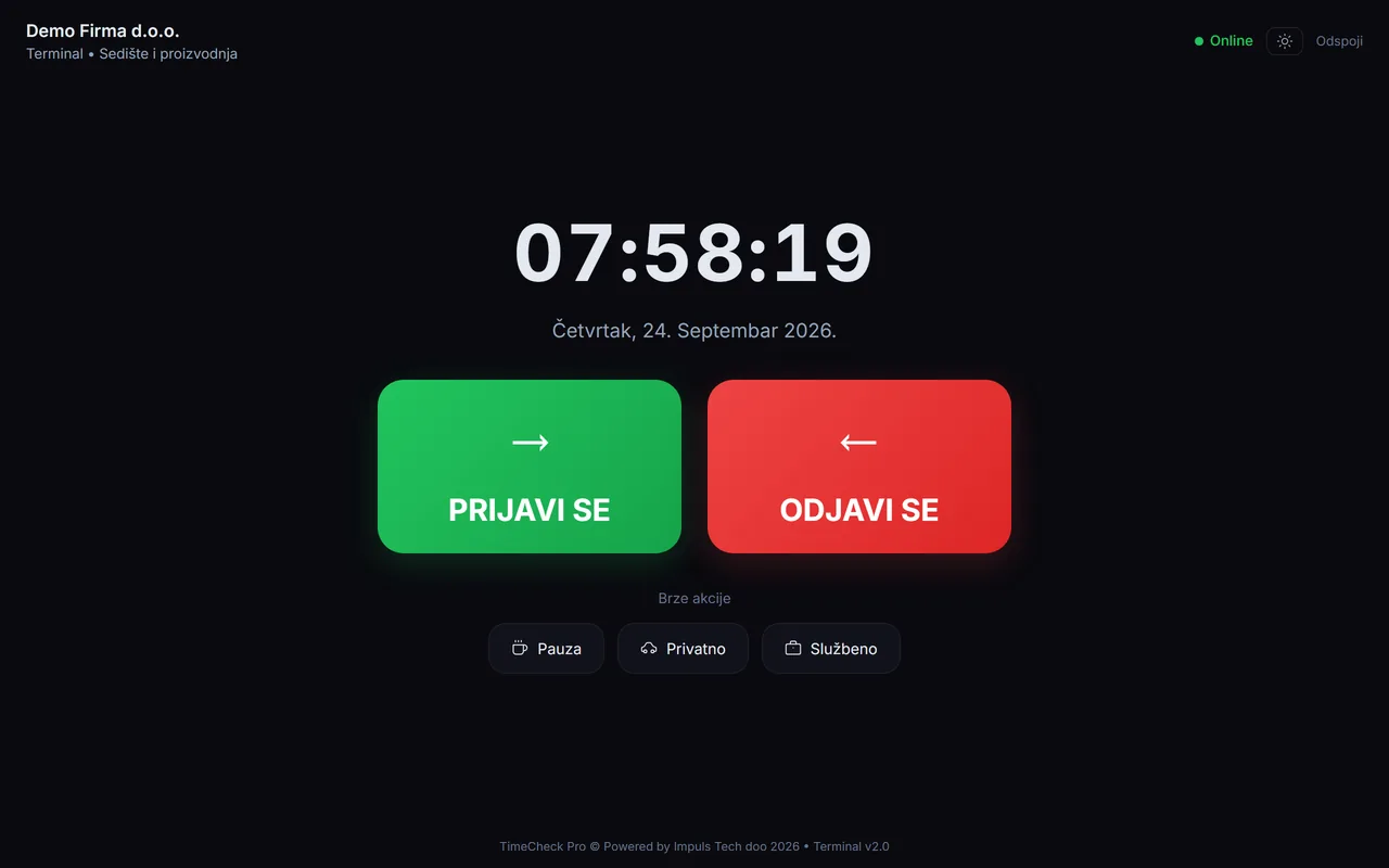 Terminal TimeCheck Pro na tabletu: dugmad Prijavi se i Odjavi se, pauza, privatni i službeni izlazak